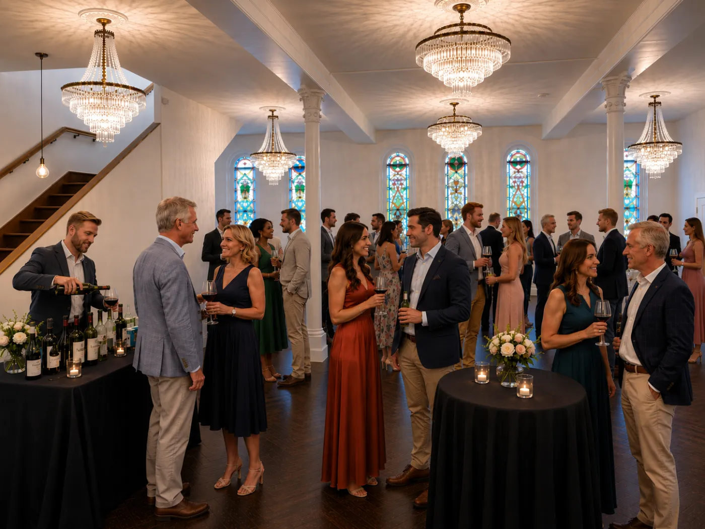 Cocktail hour with guests and a bar